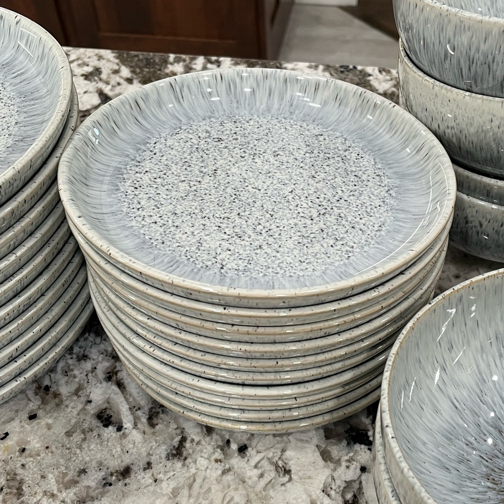 Denby halo light blue toned speckle dinnerware small plates - set of 10
